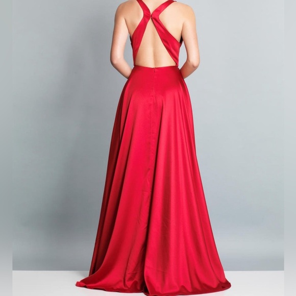Dave & Johnny Prom Dress Red size 3/4 Satin Gown Style A7454 Slit - Picture 2 of 16
